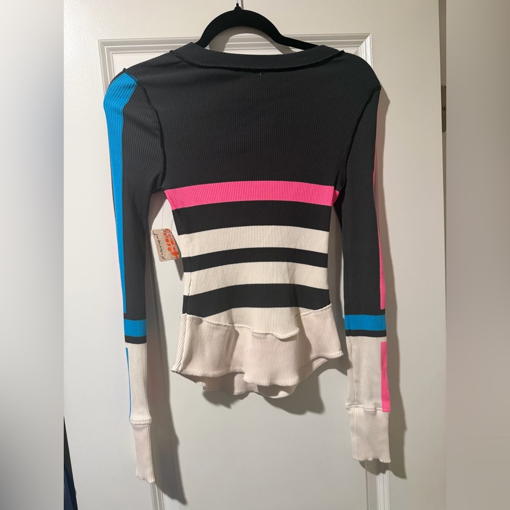 Free People Black Top with Hot Pink and Cream Stripes Henley 🔥 Size XS - Picture 5 of 5